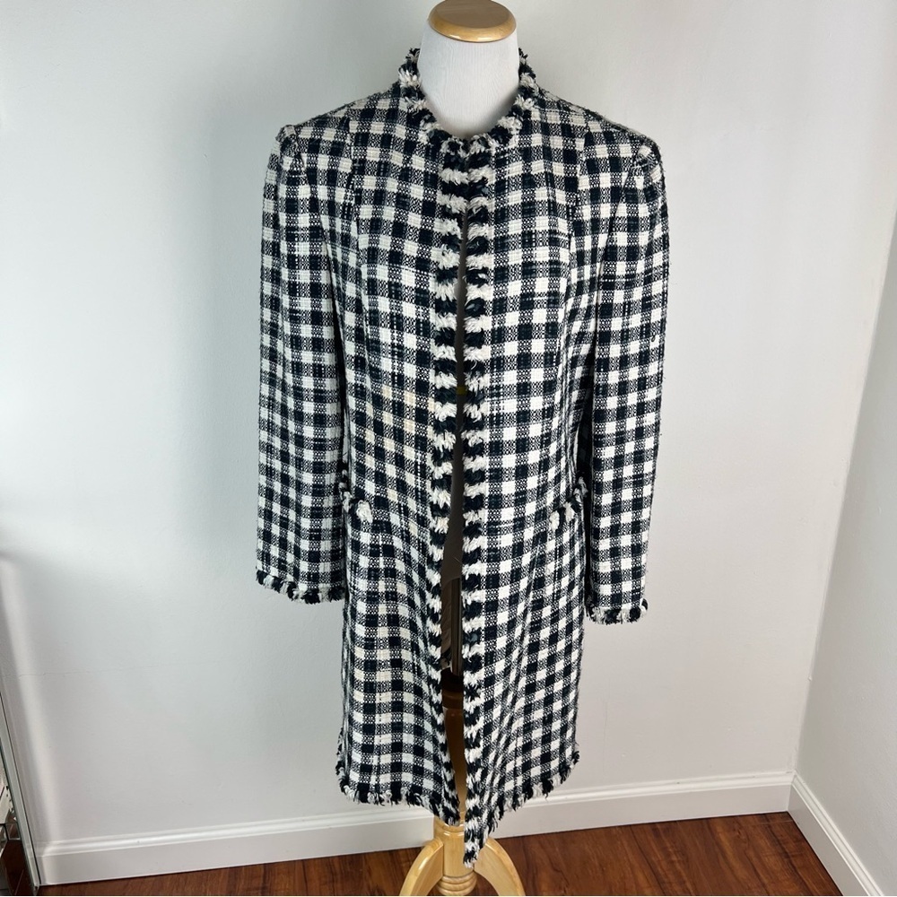 Vintage Tahari Tweed Plaid Coat Jacket Black White Size 12
